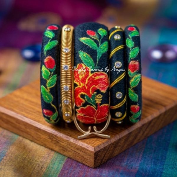Handmade Black Floral Silk Thread Bangles with Stone Work | Bridal Bangle Set