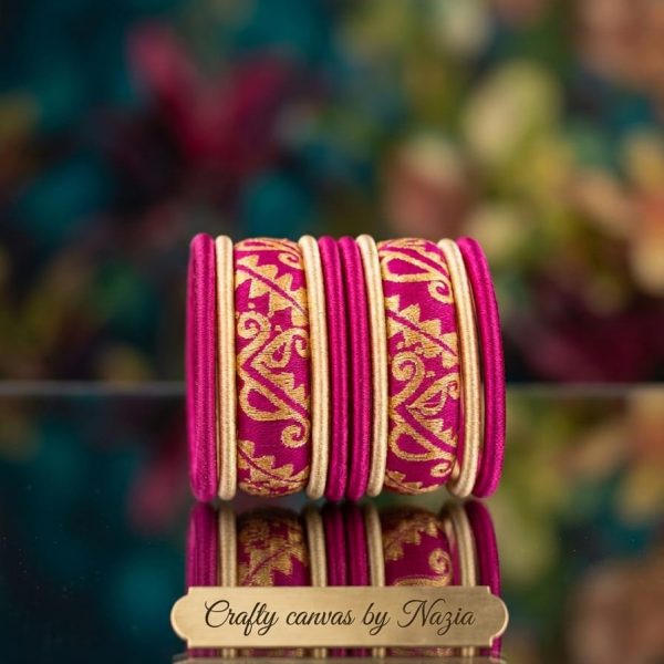 Handmade Magenta Silk Thread Bangles with Golden Design | Bridal Bangle Set